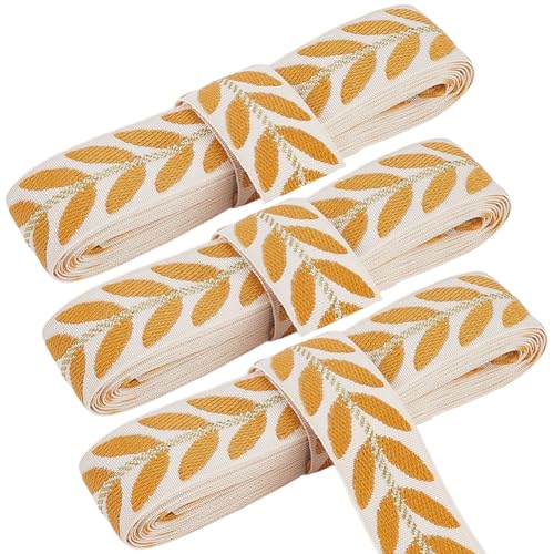 CABODYALS 3 Rolls 1 Inch Leaf Pattern Boho Embroidery Applique Trimming Ribbons Woven Fabric Trim Tape Yellow White Jacquard Embroidered Ribbon for Sewing Making Crafts Clothes Curtain Bag DIY Decor