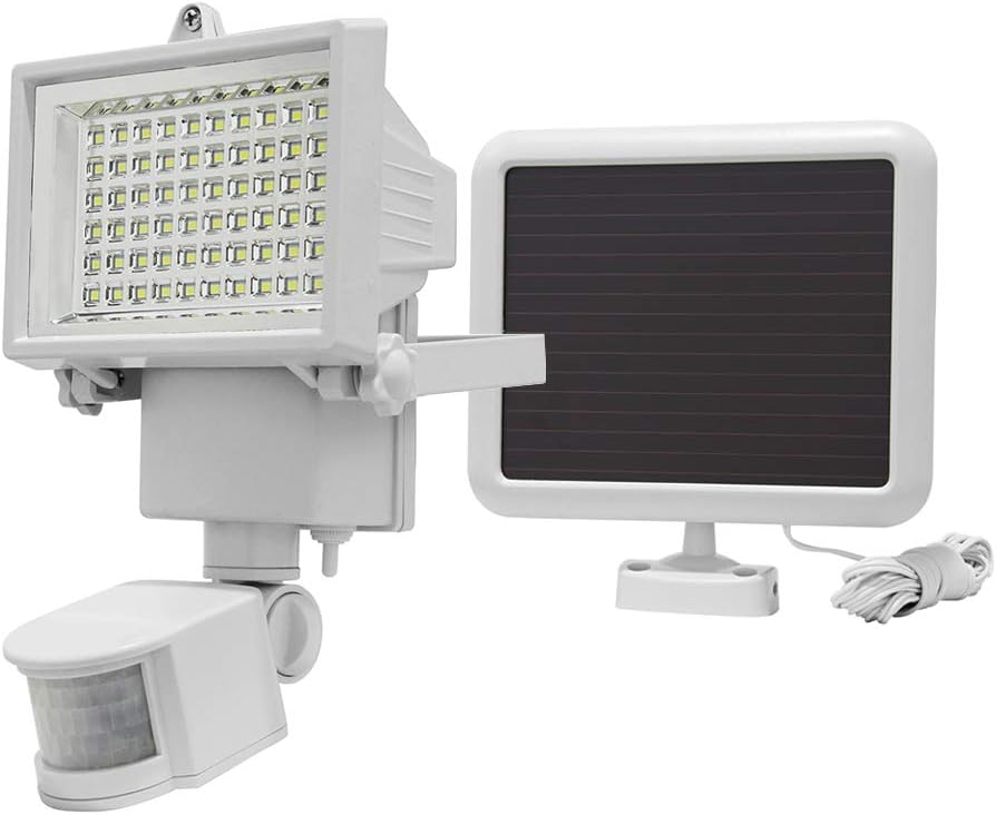 MAYSAK Solar 60LED PIR Motion Sensor Floodlight Security Light for Outdoor Garden 750 Lumen Ultra Bright 25 Meter Long-Range Detection Elimination Animal Erroneous Firing (White)