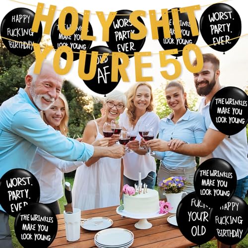 50th Birthday Decorations for Him Or Her Gold Birthday Party Decor Abusive Balloons 30th Bday Party Supplies Holy Shit You're 50 Birthday Banner Party Decoration - Image 6