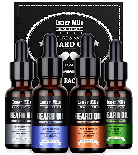 Isner Mile Beard Oil 4 Pack, Stocking Stuffers Gifts for Him Dad Boyfriend, Mustaches Soften, Moisturize, Strength and Growth with Sandalwood, Bay Rum, Cologne, Unscented, Beard Maintenance Treatment