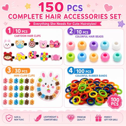 Image of 150 Pcs Hair Accessories for Kids Girls | Cute Baby Hair Clips, Rubber Bands, Hair Beads & Mini Claw Clips Combo | Hair Accessories for Baby Girl | Kids Hair Clips Set | Mixed Designs