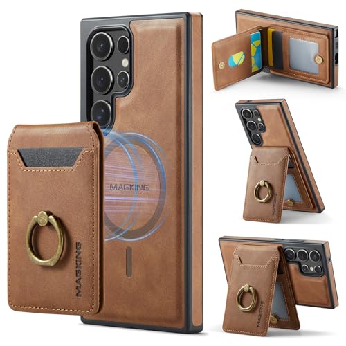 Oidealo Magnetic Leather Case for Samsung Galaxy S23 Ultra Compatible with MagSafe Shockproof Protective Phone Case Detachable Wallet RFID Blocking Card Holder Ring Stand (Brown)