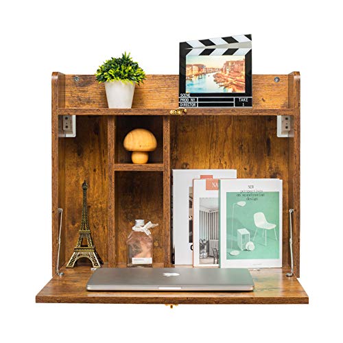 Kzhome Wall Mounted Table Multifunctional Folding Wall-Mounted Laptop Desk Writing Table With Storage Shelves For Home Office, Rustic Brown #TOP1