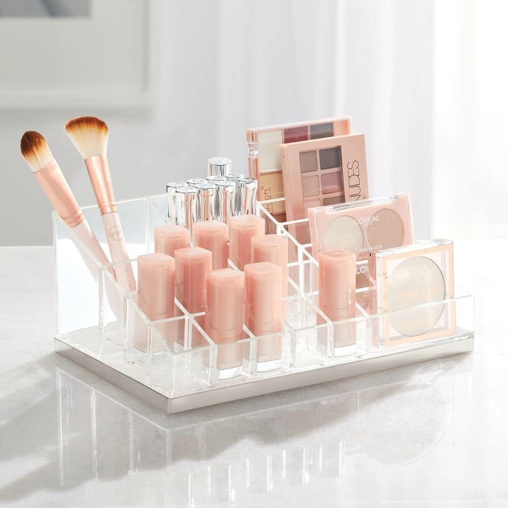 mDesign Makeup Cosmetic Organizer Storage Center with 17 Sections for Bathroom Countertops, Vanity - Holds Makeup Brushes, Lipstick, Lip Gloss, Concealers, Mascara, Eye Pencils, Pallets- Clear/Brushed