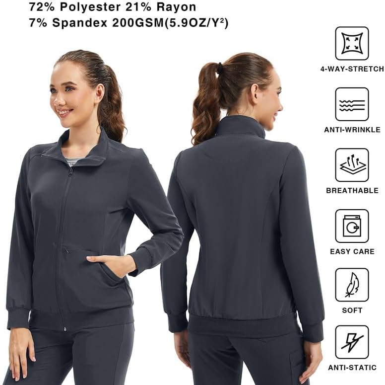 Kitmaz Scrub Jackets for Woman- Zip Front Soft Stretch Stand Collar Classic Fit with 3 Pockets - Image 4
