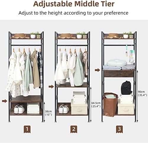 unho Open Wardrobe Clothes Rack: Industrial Clothes Rail Heavy Duty Coat Stand Garment Rack Wooden Clothing Rack 3 Tier Storage Shelf Organiser Cabinet Shelves with Shoe Rack