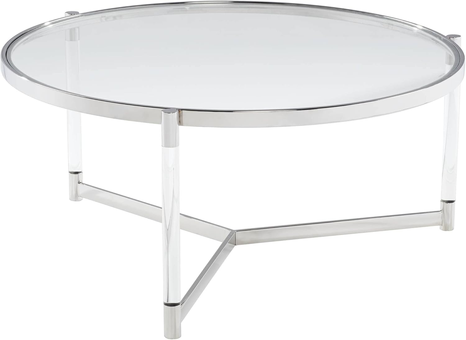 55 Downing Street Stefania Modern Minimalist Glam Metal Acrylic Round Coffee Table 36" Wide Clear Silver Glass Top for Spaces Living Room Bedroom Bedside Entryway Home House Balcony Office