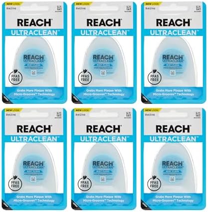 REACH Ultraclean Dental Floss, Mint, Plaque Remover for Teeth, Shred Resistant, Waxed, Easy on Gums & Teeth, Mint, Oral Care, PFAS Free, for Adults & Kids, 6 Pack, 30 yd