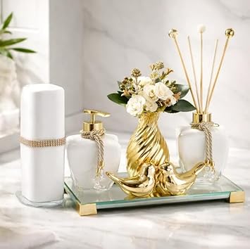 Kit lavabo Banheiro + Bandeja Luxo + Aromatizador + Saboneteira + Enfeite Porcelana + Vaso Decorativo + Porta Escova de Dente + Kit Varetas Decoradas -KAR56