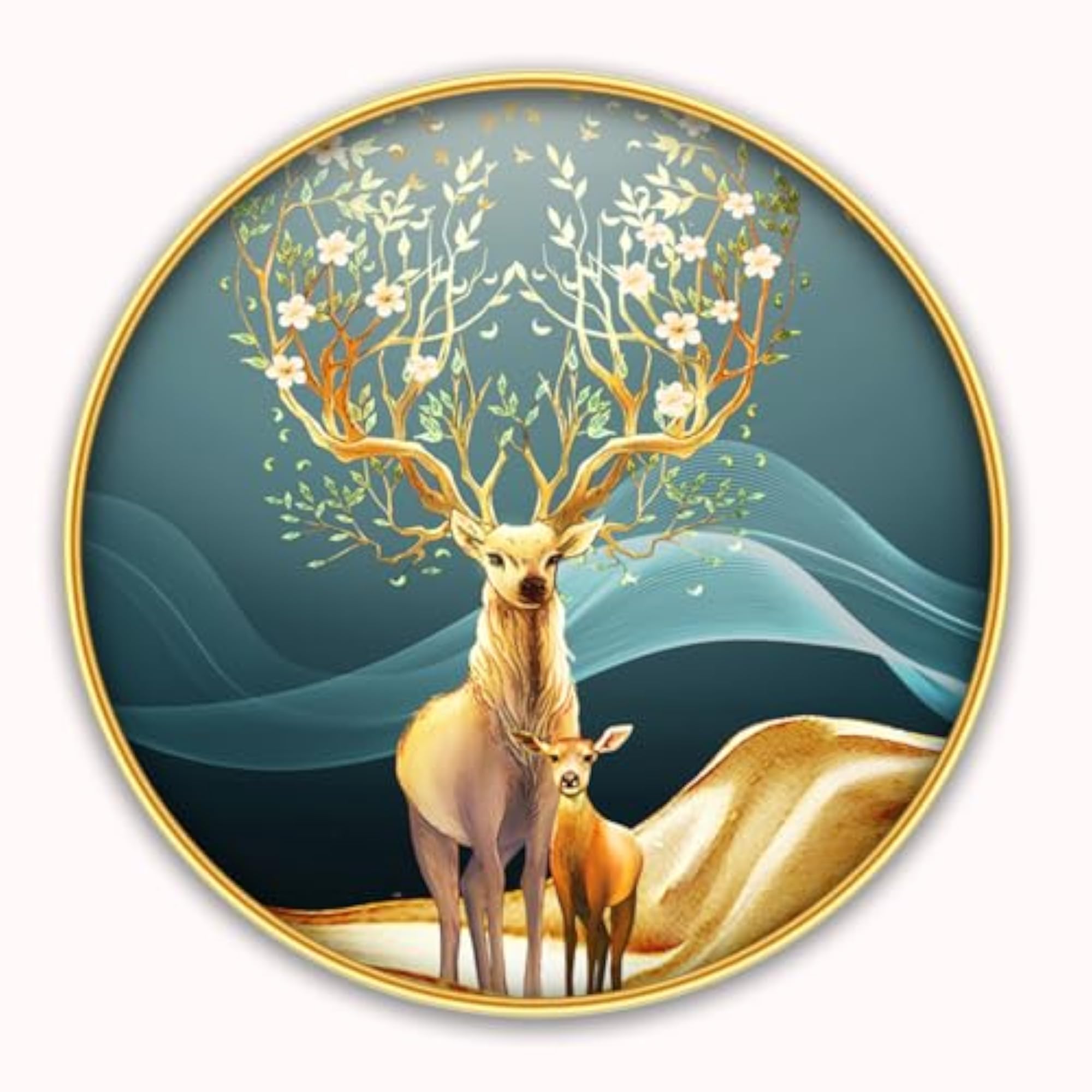 Deer 3D Scenery Photo Frame for Wall Decoration, Round Golden Frame