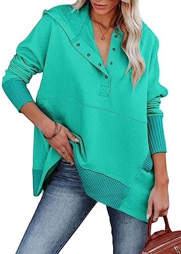 Zwurew Women Casual Henley Hoodie Pullover V Neck Oversize Sweatshirt with Pocket Sky Blue