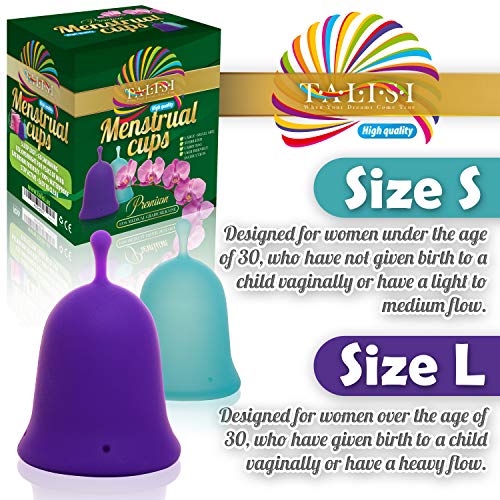 Talisi Menstrual Cups Set Of 2 With Collapsible Silicone Sterilizer - Super Soft Reusable Period Kit - For Regular Heavy Flow (Small & Large) - Best Tampon And Pad Alternative, Feminine Hygiene Copa #TOP2