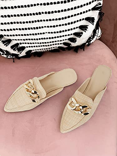 Mskilder Mules For Women Flats Metal Chain Pointed Toe Slip-On Backless Loafers Slides Flat Shoes #TOP4