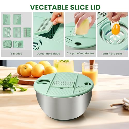 4.25 Qt Stainless Steel Salad Spinner Large, Salad Wash Bowl, Fruit & Vegetable Dryer, with 5-Blade Slicer, Egg Yolk Strainer and Shredder for Efficient Salad Preparation and Food Washing - Thumbnail 5