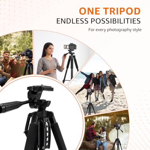 Image of Amazon Basics 55-Inch Aluminium Tripod, Lightweight Portable Camera Tripod Stand with Carry Bag, 3-Way Pan Head, Quick Release Plate, for Smartphones, GoPro & DSLR, Load Capacity up to 5kg