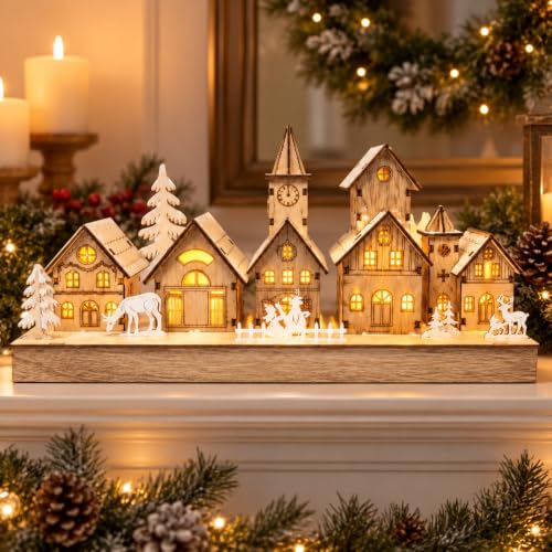 Image of KAYNUR 1x Wooden Christmas Village Scene Decoration – Warm White LED Lights, Battery Operated Glowing Winter Houses with 6 Hour Timer, Indoor Tabletop Xmas Display