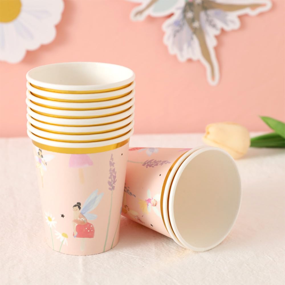 Juego de vajilla desechable de 57 piezas, diseño de hadas, hongos, platos, vasos, servilletas, decoración de pastel de hadas, suministros de decoración de fiesta de cumpleaños para niñas (10