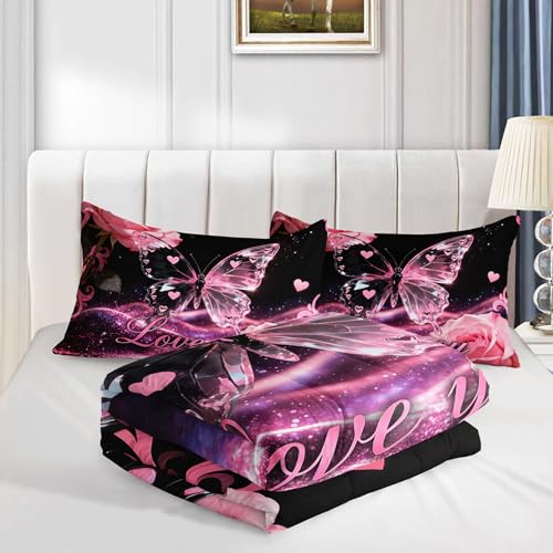 Image of AILONEN Pink Butterfly Bedding Set Queen Size,Romantic Rose Hearts Comforter with 2 Pillowcases,3-Piece Pink & Black Glitter Quilt Set for Girls Teens Women