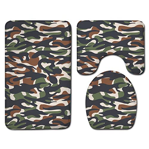 Badvorleger Set,Badematten Teppich-Set 3-Teiliges Camouflage-Muster 3D-Druck Rutschfeste Badematten Weiche Mikrofaser…