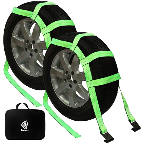 Tow Dolly Basket Straps with Flat Hook 2 Pack Tow Dolly Strap Bonnet Net Fits 14-19 Tires Wheels 10 000 lbs Breaking Strength Heavy Duty Car Dolly Strap System Waterproof Carrying Bag (Green)