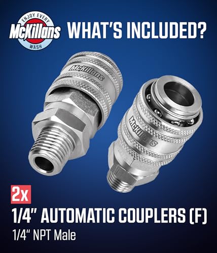 Image of McKillans 1 /4 inch Nozzle Automatic Quick Connect Fittings - Stainless Steel 1 /4 inch NPT Male Quick Connect Couplers - Coupler for Pressure Washer Gun - Pack of 2