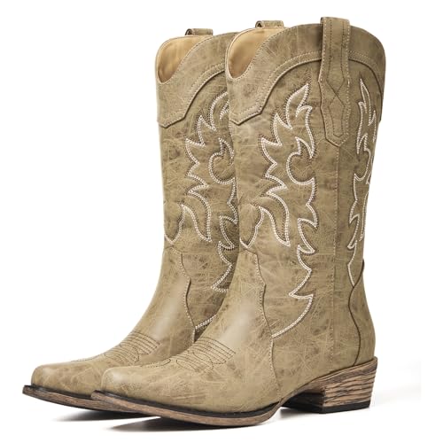 Image of Cowboy Boots for Women, Chunky Heel Western Boot | Mid-calf cowgirl boots with all-day comfort, ideal for daily outfits, country music festivals and western themed occasions