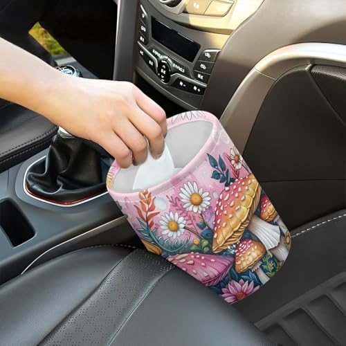 Image of Pink Mushroom Floral Car Garbage Can Small Trash Can with Leak Proof Inside Liner And Hanging Strap Auto Organizer Portable Auto Essentials