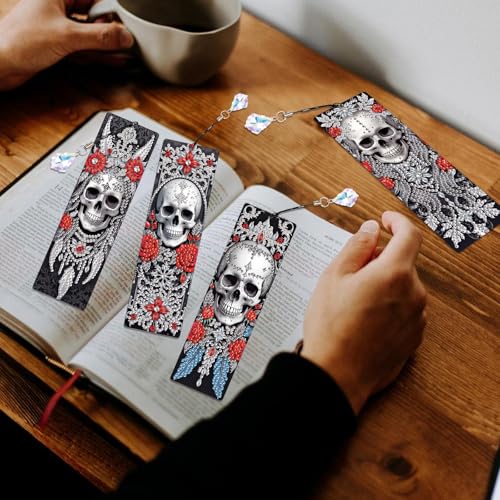 Image of 4 Pcs DIY 5D Diamond Painting Bookmark Kit - Special Shaped Crystal Rhinestones, Rose Skull Diamond Art Bookmarks with Crystal Pendant Tassels, Handmade Decorative Bookmarks Gift Set for Book Lovers
