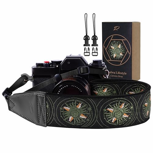 Image of Padwa Lifestyle Green Sun God Camera Strap - 2 inch Full Grain Leather Ends Camera Straps for Photographers, Vintage Embroidered Cotton Soft Suede Fabric Padded Strap Quick Release fits All Cameras