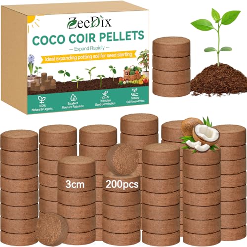 Image of ZeeDix 200pcs(30mm) Coco Coir Pellets Potting Soil Indoor Plants, Compressed Coconut Coir Soil Pellets Seed Starting Pellets Discs for Planting Flowers Bonsai Herbs Plants and Vegetables