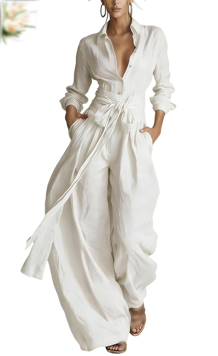 Générique Combinaison élégante pour femme : Ensemble chemise à manches longues et col classique, et pantalon large à lacets – Tissu tissé en coton et lin marron, avec ceinture assortie