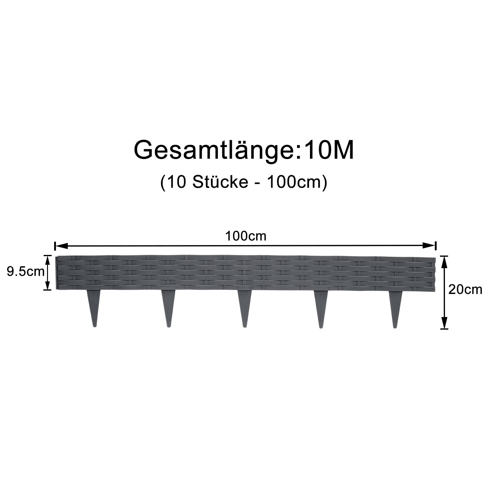 CEEDIR Bordo per aiuole in effetto rattan, 5 m, per palizzata da giardino, in plastica, resistente ai raggi UV, resistente alle intemperie, con 5 elementi da 100 cm (5 pezzi, antracite