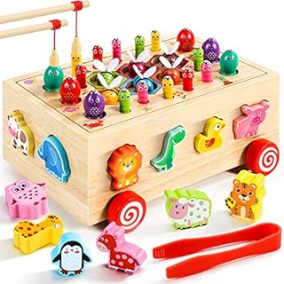 COOLJOY Magnetic Fishing Game, Wooden Toys Montessori Toys for 3 Year Olds , Educational Toys for Toddler Preschool Game, Wooden Toy Car , Gifts for Boys Girls 3 4 5 Years Old
