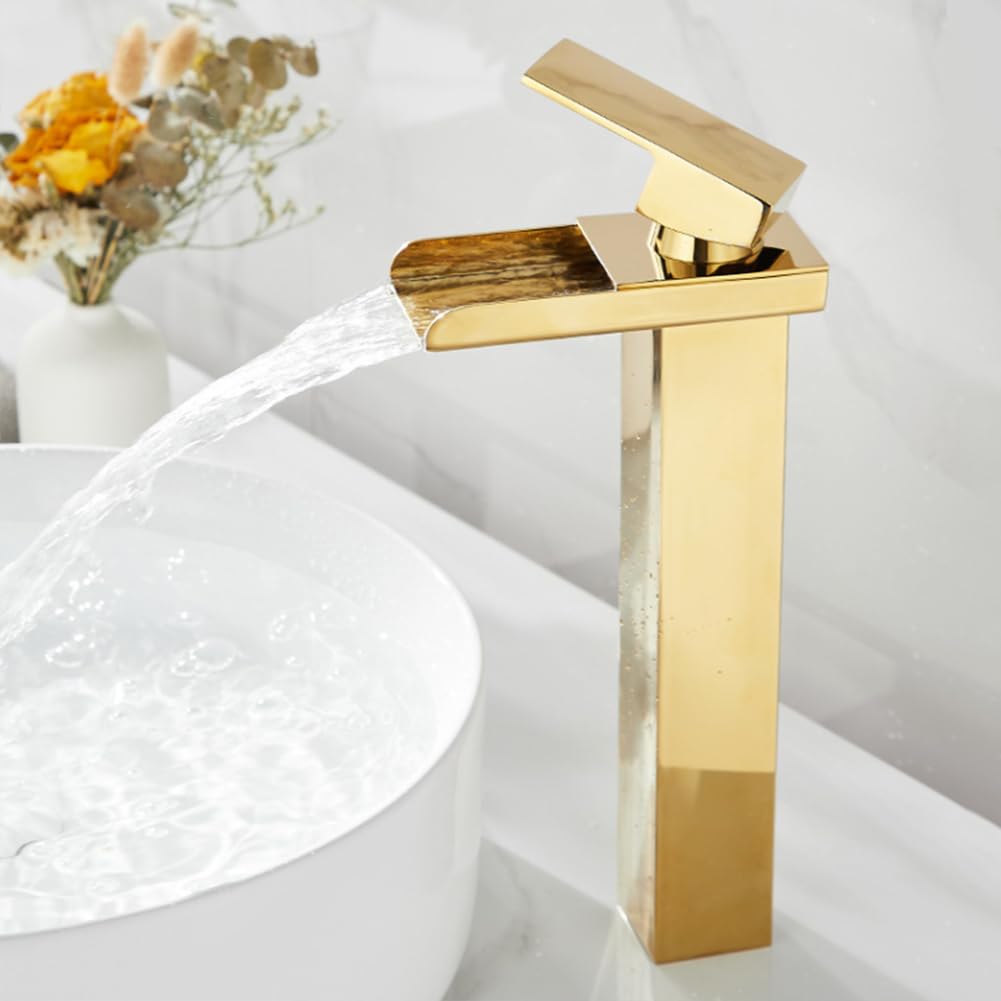 Lakkoakoaa B Waterfall Asin Taps Athroom Asin Tap Modern Rass Single Lever High Athroom Sink Mixer Faucet, Hot/Cold Water, With Uk Standard Hoses, Gold