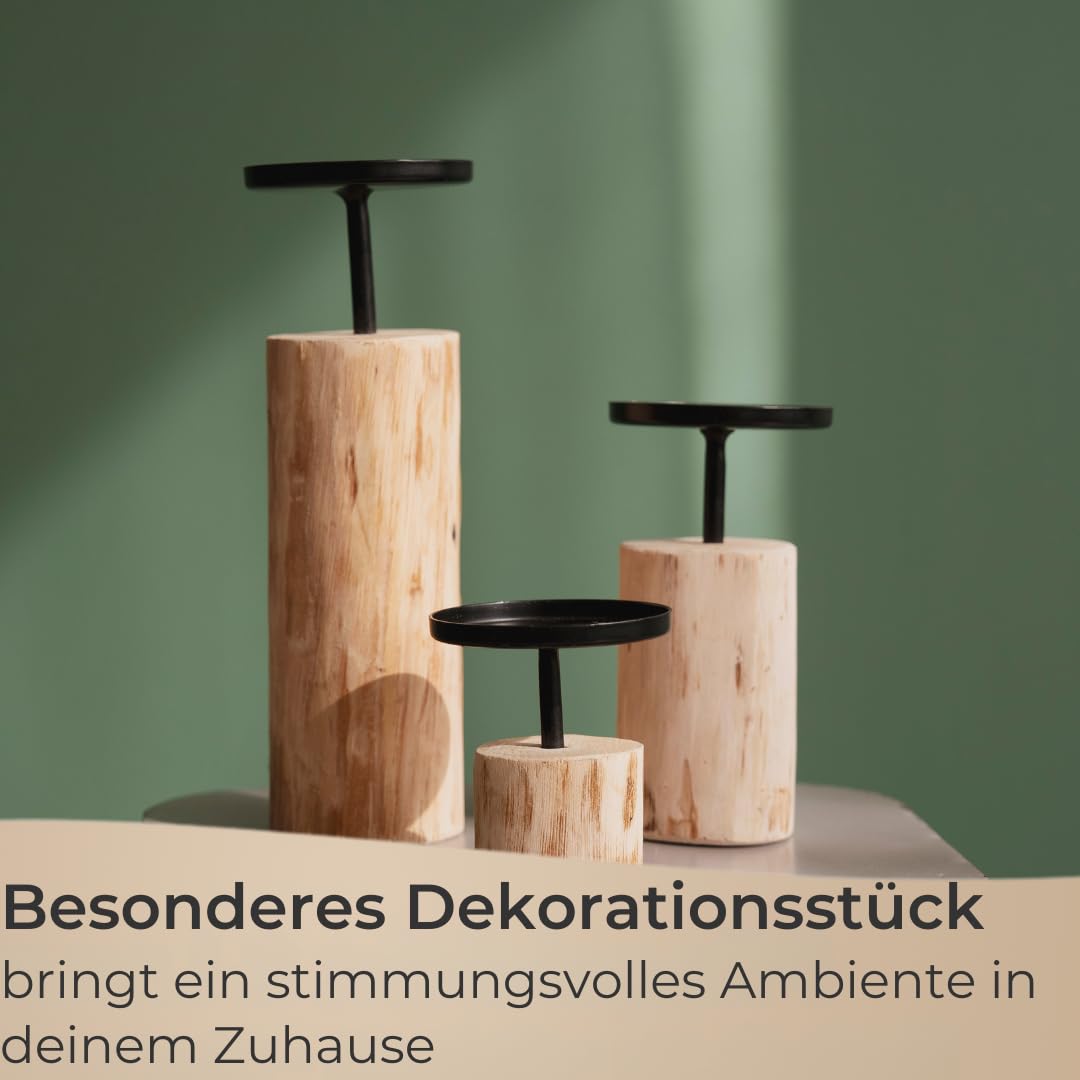 Set di 3 portacandele in legno di eucalipto e metallo, altezza 8-22 cm, elegante portacandele per candele a pilastro, consegna senza candele