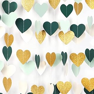 Sage-green Mint Beige-Gold Love-Heart Garland - 52Ft Rustic Wedding Hanging Decoration Streamers Banner, Baby Safari Birthday Bachelorette Bridal Shower Engagement Valentines Party Decor