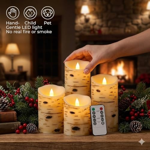 Image of Comenzar Flameless Candles Birch Bark Texture, Flickering Flame Battery Operated LED Candles, Electric Plastic Candles with Remote Timer for Home Decor, Rustic Wedding Centerpiece, Gift Set of 3