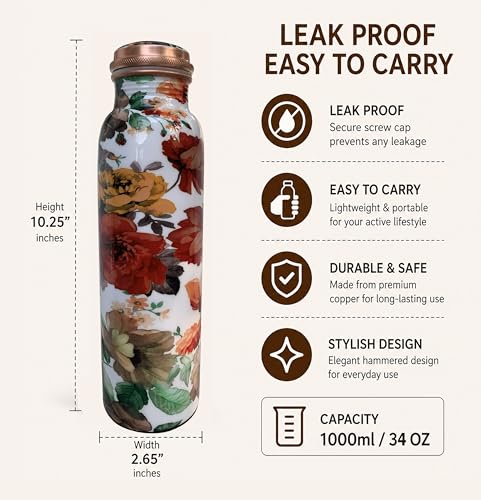 Image of Pure Copper Water Bottle - Handcrafted - Ayurveda health benefits - Large 1000 ml - Leak proof - Easy to carry for Sports, Fitness, Yoga, School - White Base Floral Vintage Colors Enamel