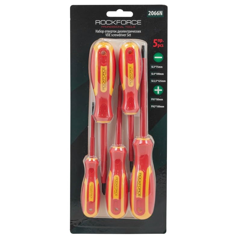 ROCKFORCE 5pcs VDE Screwdriver Set (SL 3х75, 4х100, 5.5х125mm, РН 1х80, 2х100mm)