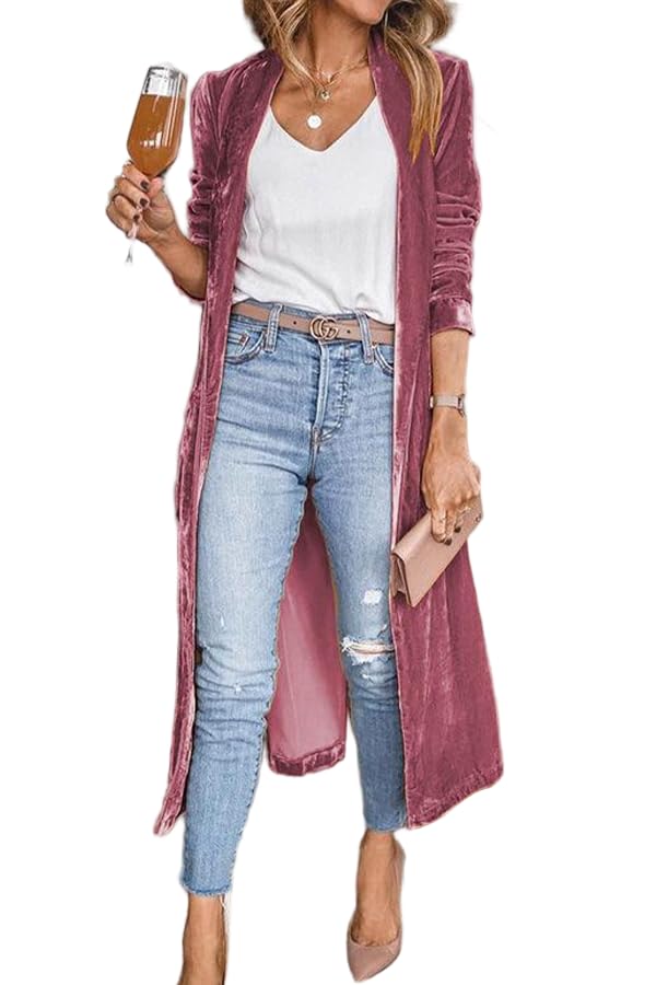 Womens Velvet Long Jacket Lightweight Open Front Cardigan with Pockets Chirstmas Party Dinner Outfits
