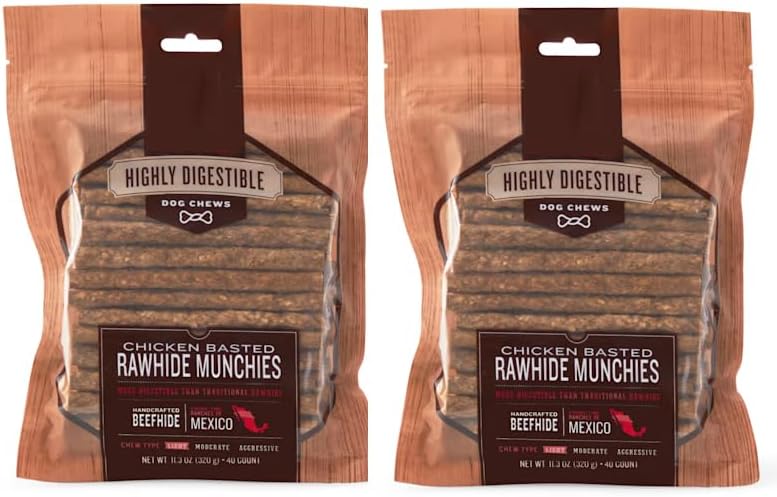 Rawhide Chew Sticks for Dogs Chicken and Beef 80 Count - Beefhide Rawhide Munchies Highly Digestible Dog Chew Sticks with Probiotics - Handcrafted Long Lasting Dog Chews Dental Treats (2x40ct Bags)