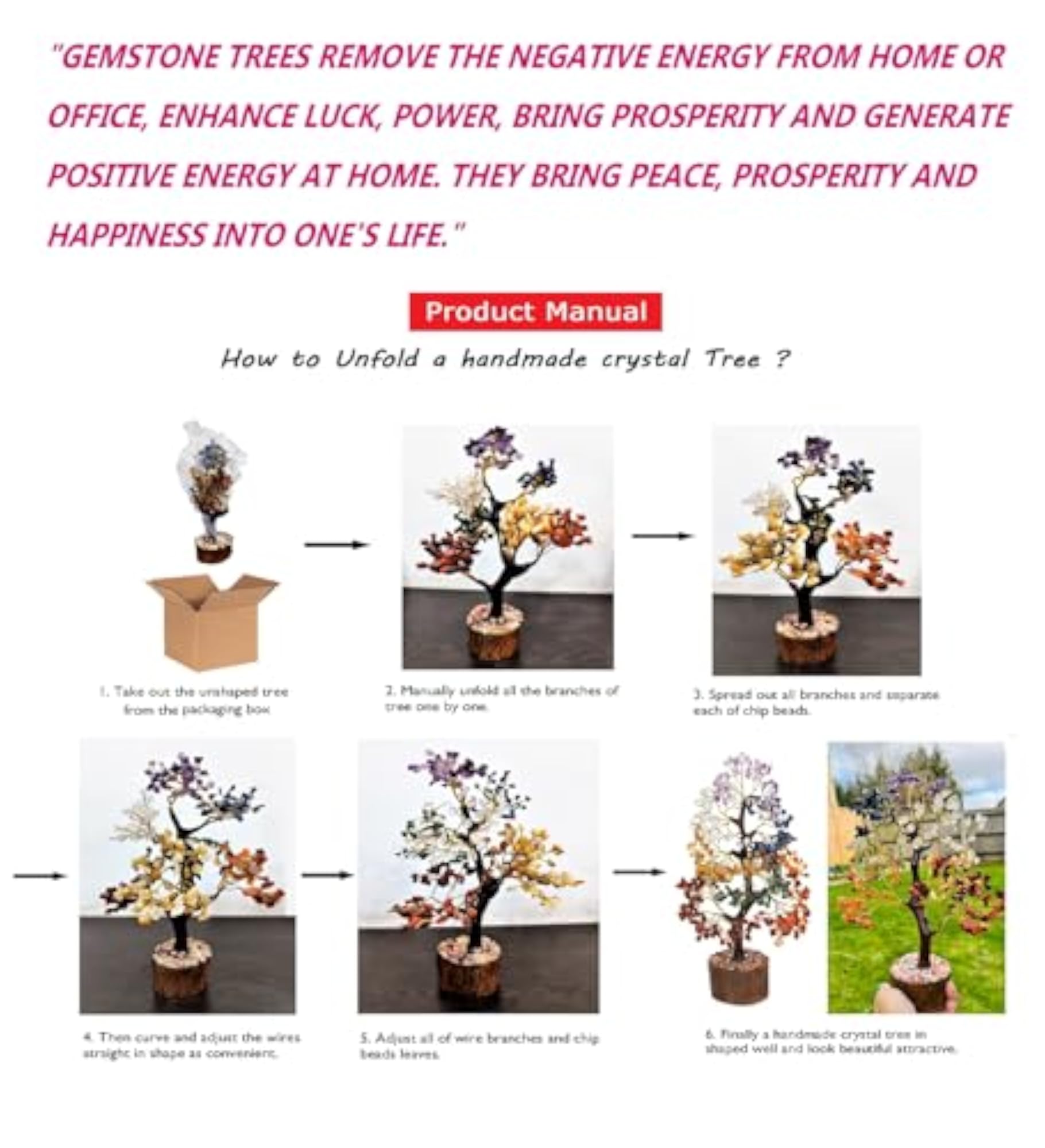 Natural Rose Quartz Healing Crystal Tree on Slice Base, Feng Shui Decoration
