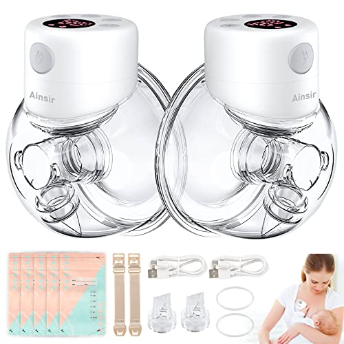 Image of Ainsir Wearable Breast Pump, Portable Hands Free LCD Display, Low Noise &Painless Breastfeeding, 2 Modes & 9 Levels, S12 Electric Pump , 24mm Flange, Pack White-2 Pack