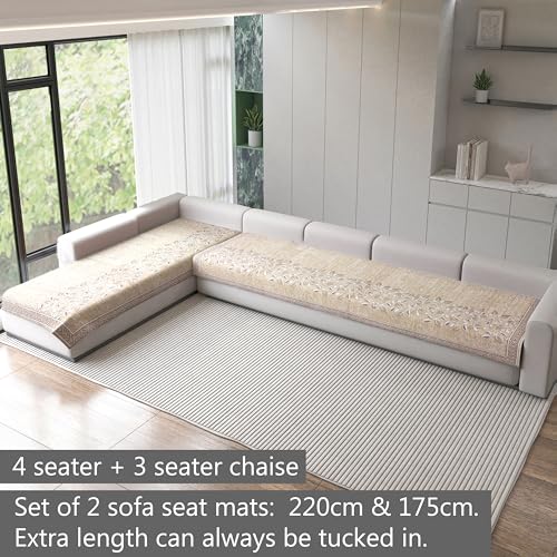 Image of Nendle Superior Velvet Floral Sofa Mat 7 Seater Set Cover Durable Protector for Living Room Sofa Set 4+3, Suitable for L Shape, Sectional and U Shape Sofa (Beige, Pack of 2)