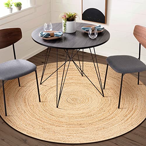 Hausattire Hand Woven Jute Braided Rug, 5’ Round – Natural, Reversible Boho Entry Area Rugs for Kitchen, Living Room I Farmhouse Decorative Floor Rug, 5 Feet Round