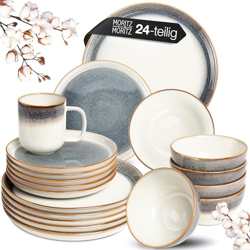Moritz & Moritz TARENTO 24-tlg. Geschirrset 6 Personen Grau - Elegantes Teller Set aus hochwertigem Steinzeug - Geschirr Set aus 6x Dinnerteller, 6x Dessertteller, 6x Suppenteller und 6x Tassen