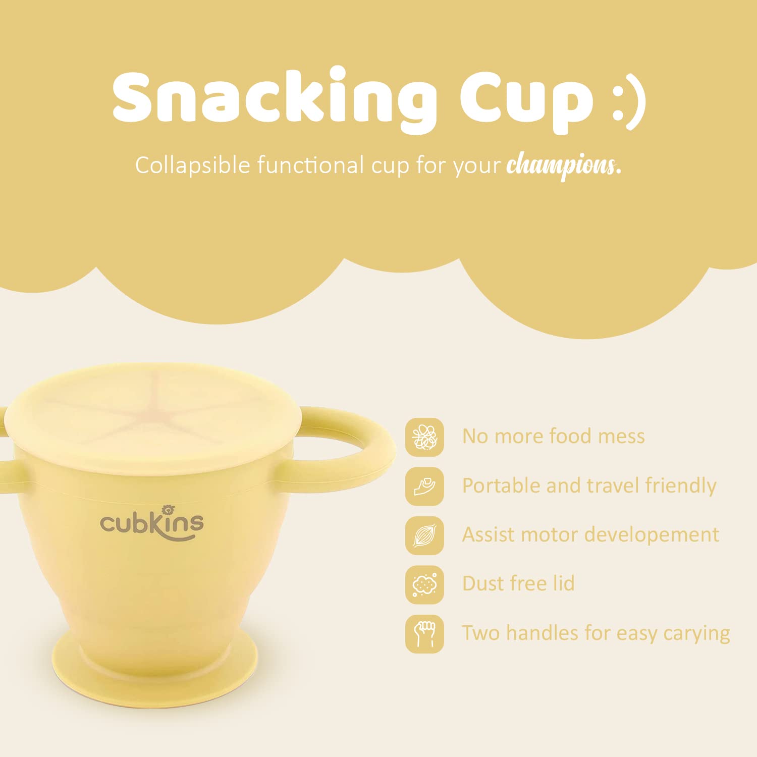 CUBKINS Collapsible BPA Free Snack Cup for Baby, Infant, Toddler | 6 Months+ (Lemon) - 275ml - Image 2 thumbnail