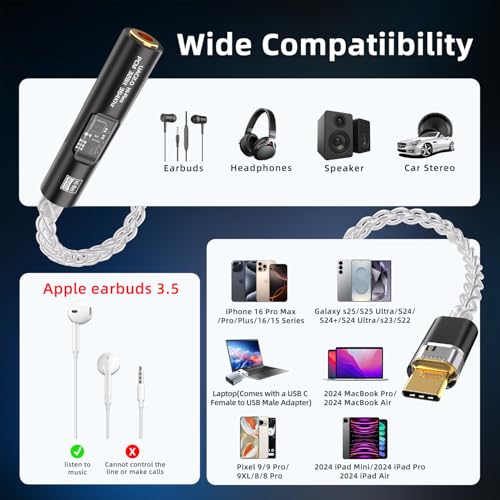 Image of USB C DAC Dongle with Dual Chip CX31993 MAX97220, USB-C to 3.5mm Audio Adapter with in Ear Monitor Amplifier, Type C to Amp Headphones Aux with USB-A Adapter for iPhone 16 Android Mac Windows iPad