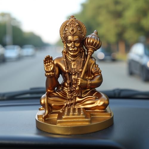 Image of UNOVATE Hanuman Idol for Car Dashboard, Home, Office Desk - Hanuman Murti for for Pooja, Temple Showpiece, Decoration, Festivals and Gifting. (Golden, 9 cm) (with PreInstalled Adhesive)