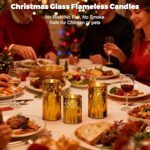 Image of Wondise Christmas Gold Reindeer LED Flameless Candles with Remote Timer, Electroplate Glass Battery Operated Real Wax Flickering 3D Wick Pillar Candles for Christmas Holiday Home Decoration
